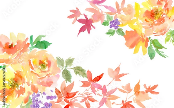 Obraz Watercolor abstract frame with orange peonies, autumn leaves, and berries on a transparent background. Hand-painted autumn plants and flowers background.