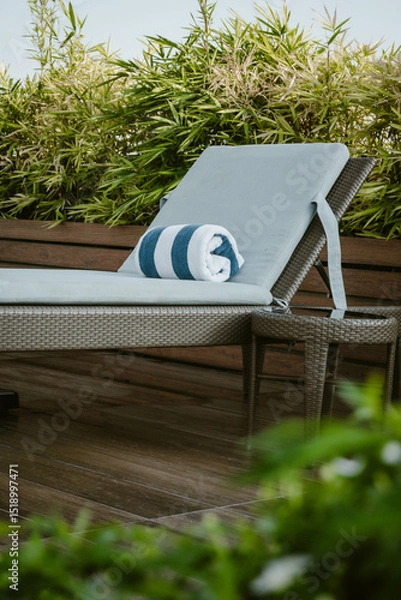 Fototapeta A lounge chair with a soft cushion and a blue and white rolled up towel surrounded by lush greenery outdoor at daytime along the pool of a hotel in Manila during a summer holiday in the Philippines.