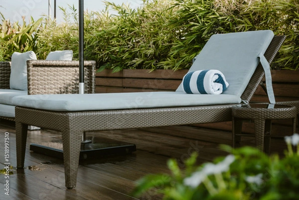 Fototapeta A lounge chair with a soft cushion and a blue and white rolled up towel surrounded by lush greenery outdoor at daytime along the pool of a hotel in Manila during a summer holiday in the Philippines.
