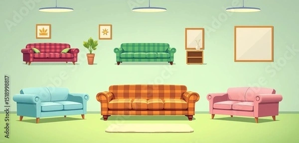 Obraz Modern cartoon sofas & couches in plaid & solid colors, various styles for living room or office Vector set, sofa,  couch
