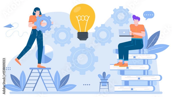 Obraz Two colleagues collaborating on a creative project, incorporating gears, a light bulb, and a ladder. Ideal for teamwork concepts and innovation themes.
