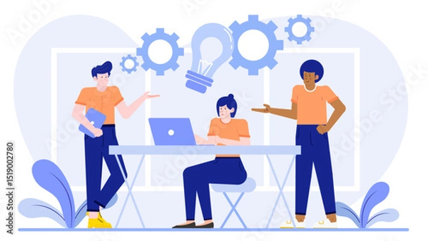 Fototapeta Three people collaborating at a table, ideal for teamwork concepts in business presentations, educational materials, or teambuilding articles.