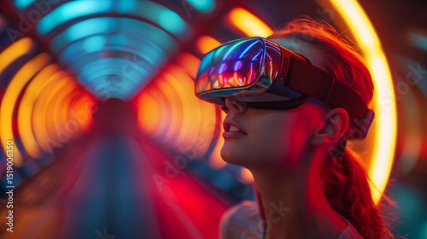Fototapeta Business woman in formal suit using vr device goggle virtual reality ai experience planing and stretegy process work plan in office