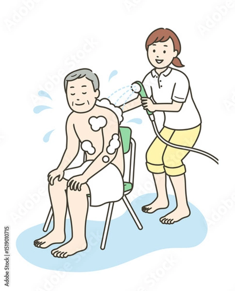 Fototapeta 入浴介助をする介護士とシャワーを浴びる高齢男性のイラスト