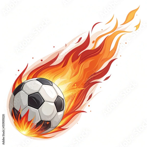 Fototapeta A soccer ball engulfed in flames with a fiery trail on a white background illustration art style created with generated ai