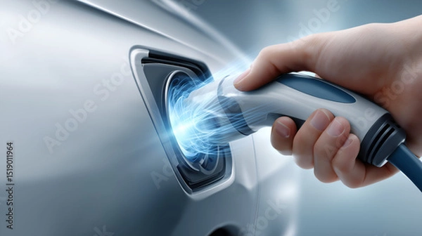 Obraz An electric car being charged, electric car charging and hand hold charging cable. The image has blue beam, suggesting the flow of electricity