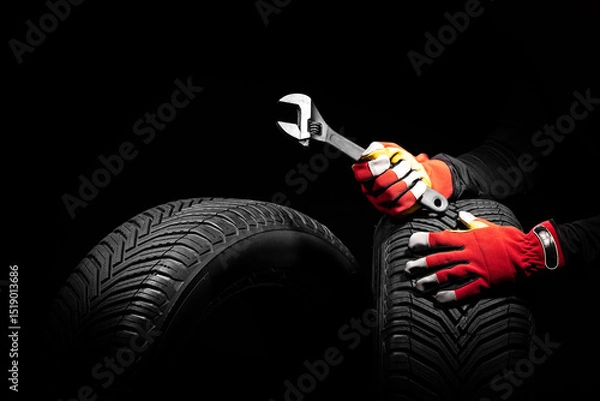 Fototapeta Winter car tires service and thumbs up hands of mechanic with wrench, screwdriver on black background