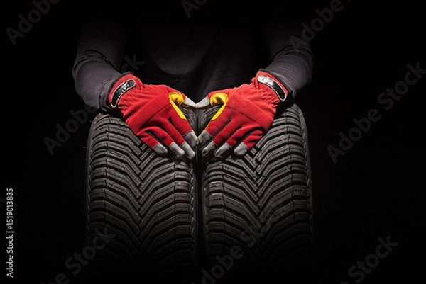 Fototapeta Car tire service and hands of mechanic holding new tyre on black background with copy space for text