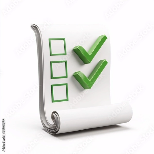Obraz Task management checklist icon in 3D, white paper design, isolated on white.