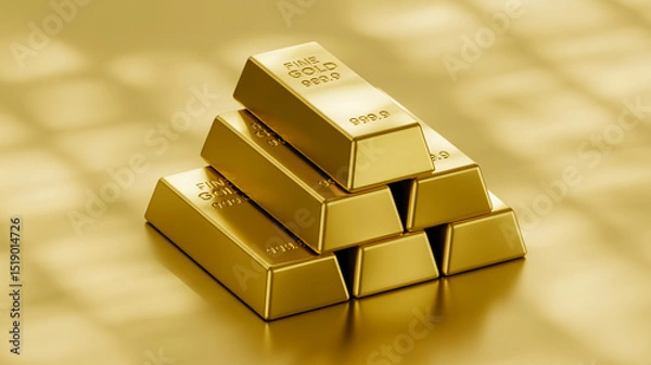 Fototapeta A high-quality 3D render of four gold bullion bars stacked in a pyramid formation against a smooth beige background.