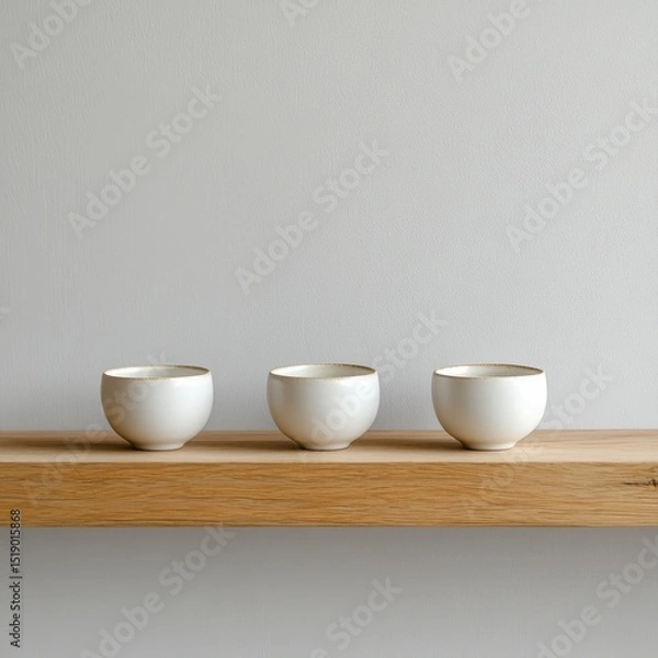 Fototapeta Three Small White Ceramic Cups with Gold Rims on Wooden Shelf