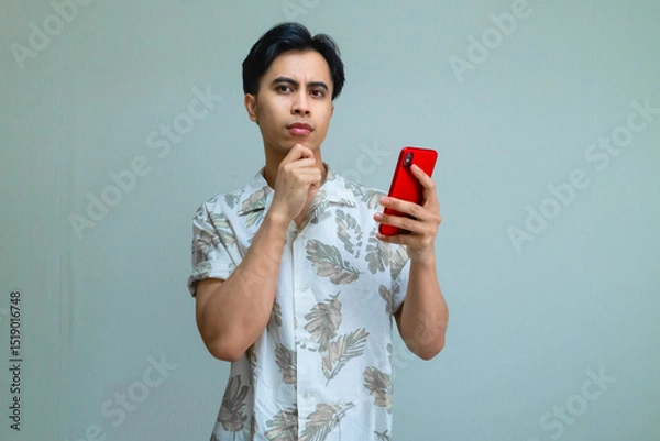 Fototapeta Serious young Asian man wearing casual summer clothes, holding a smartphone and touching chin with a thoughtful expression, isolated on a clean studio background