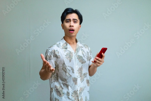 Fototapeta Shocked young Asian man in summer outfit holding a smartphone, reacting with surprise against a clear background, perfect for digital ads, mobile apps, or promotional content