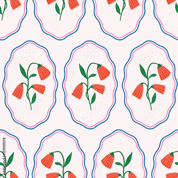 Fototapeta Floral pattern seamless in oval frames. Hand-drawn vector whimsical design for backgrounds, fabric, wallpaper, stationery etc. 