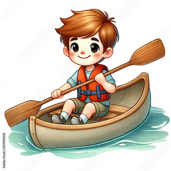 Obraz A cheerful boy enjoying a peaceful canoe ride in blue water.