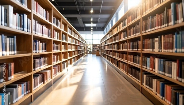 Obraz Rows of bookshelves filled with books in a library, providing knowledge and resources.
