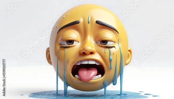 Obraz Realistic 3D Crying Emoji Face with Tears and Sweat, Distressed Yellow Emoticon with Tongue Out on White Background, Overwhelmed Digital Icon for Sadness and Exhaustion