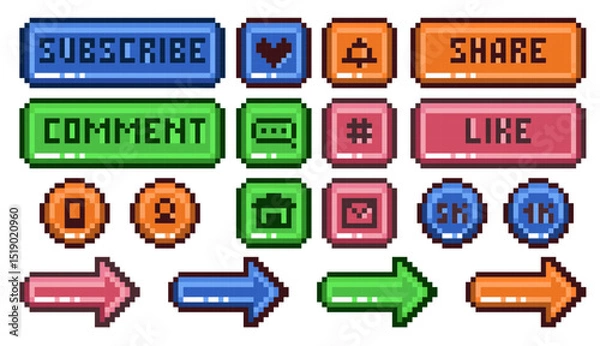 Fototapeta Social media pixel buttons. Retro games style app interface, like, subscribe, share and comment, interactive navigation functions, game development, mobile app qualitative vector set