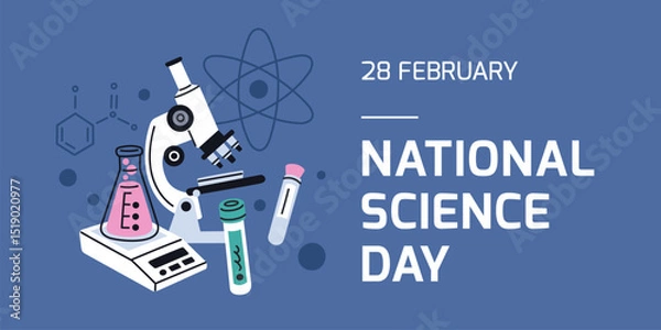 Fototapeta Science day poster. Chemistry or biology laboratory tools, experiments and tests elements, flasks and microscope, scientific, medical and research banner template, garish vector concept