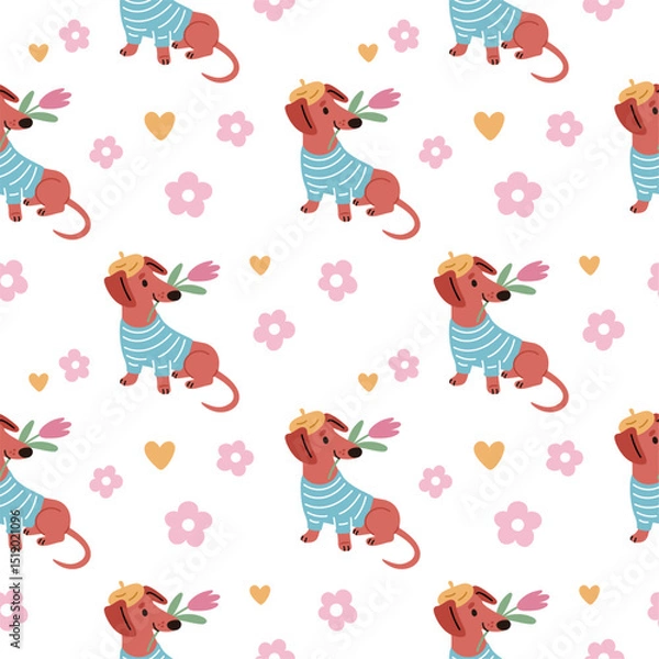 Fototapeta Funny dachshunds seamless pattern. Cute romantic dog hold tulip, animal clothing, repeated happy pet with flower. Textile, wrapping, wallpaper. Print for fabric, garish vector background