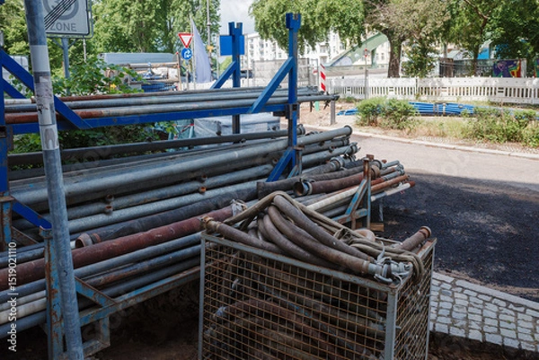 Fototapeta There are many pipes on a construction site