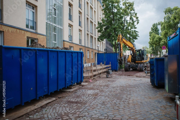 Fototapeta there are containers and excavators on a construction site