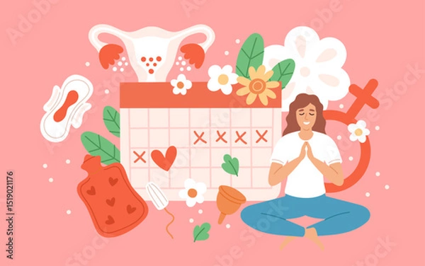 Fototapeta Critical days schedule. Menstrual calendar, female cycle control, ovulation and pregnancy tracking, pms syndrome, woman meditation, panties, pads and tampons garish vector concept
