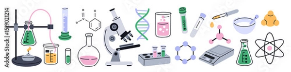 Fototapeta Chemistry tools. Chemical or biological laboratory equipment, test tubes, flasks, microscope, pharmaceutical elements, lab glassware flat isolated elements garish vector scientific set
