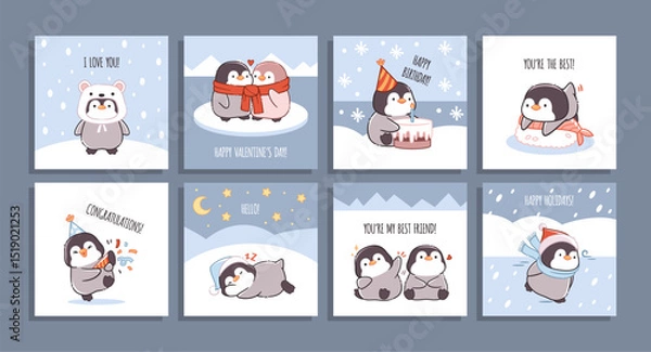 Fototapeta Cartoon penguin cards. Funny little birds, cute inscriptions, kawaii northern mascot, greetings banners, chubby characters, childish print or poster, emotions and activities tidy vector set