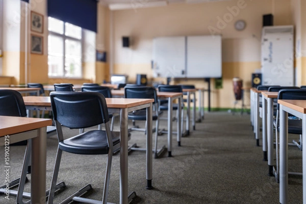 Fototapeta a classroom full of tables and chairs
