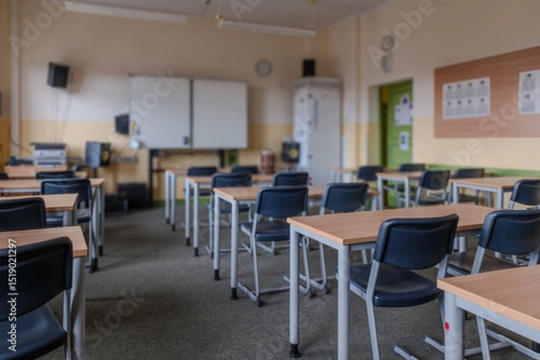 Fototapeta a classroom full of tables and chairs