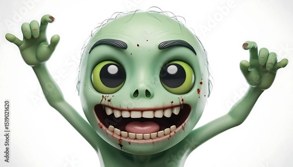 Obraz Creepy Green Zombie Emoji with Wide Eyes and Blood Splatters - Halloween Scary Face