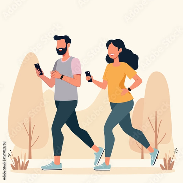 Fototapeta A male and female are doing work out with use smartphone and smartwatch at city park space