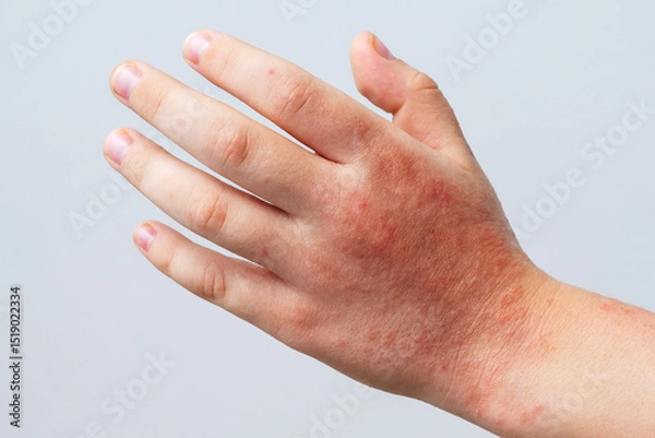Fototapeta Red rashes spots from Coxsackie virus on child hand close-up. Chicken pox and allergy symptoms on skin on children's body on a white background