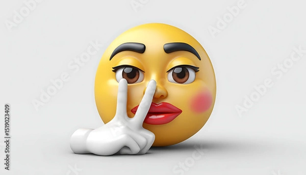 Obraz Stylish 3D Emoji Face with Peace Sign Hand and Red Lips, Flirty Yellow Emoticon with Blushed Cheeks and Winking Eye, Playful Digital Icon for Secrecy and Charm