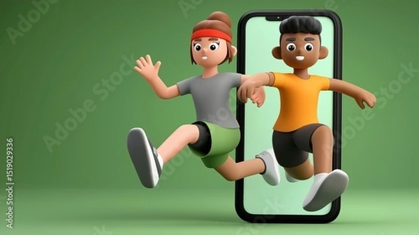 Fototapeta Two animated characters are leaping out from a smartphone displaying a fitness app, showcasing their excitement for an active lifestyle while encouraging motivation and movement