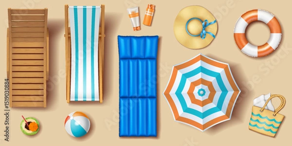 Fototapeta Vector illustration of beach accessories like umbrella, inflatable mattress, sunhat, sunscreen arranged on sand background. Perfect for summer vacation themes and travel advertising.