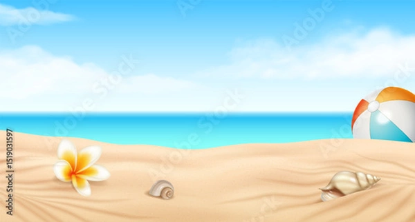 Fototapeta Digital illustration of a tranquil beach scene with a vibrant flower, shells, and a beach ball. Soft sand, blue sky, and ocean create a peaceful summer backdrop.