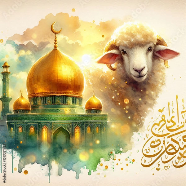 Fototapeta Eid al-Adha Celebration with Lamb and Mosque