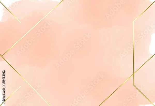 Fototapeta Peach watercolor wash background with gold geometric lines; elegant wedding invitation design,  save the date,  watercolor