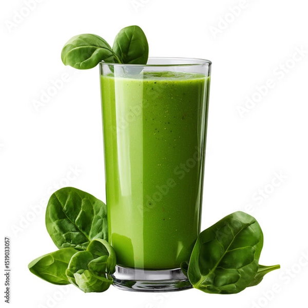 Fototapeta Healthy green spinach smoothie served in glass with fresh spinach leaves, isolated on white transparent background, concept of detox