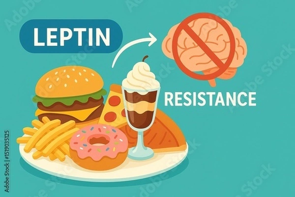 Fototapeta An illustration shows unhealthy foods leading to leptin resistance with a blocked brain icon..Concept: Junk food role in disrupting hormonal appetite signals.