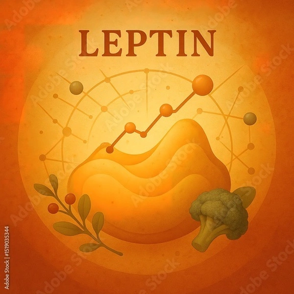 Fototapeta A stylized fat cell with a rising graph is labeled "LEPTIN" and surrounded by plants and broccoli..Concept: Diet's influence on leptin levels and fat regulation.