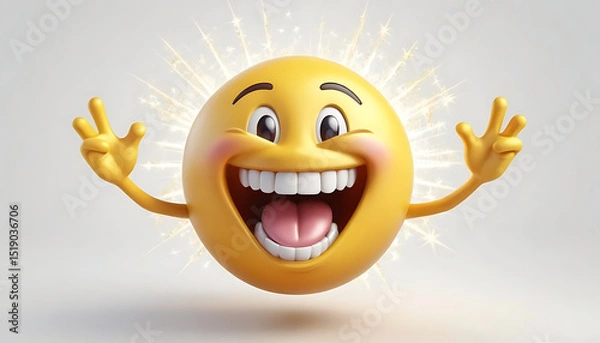 Obraz Ecstatic 3D Rendered Emoji Character with Wide Grin, Raised Arms, and Sparkling Aura on a White Background