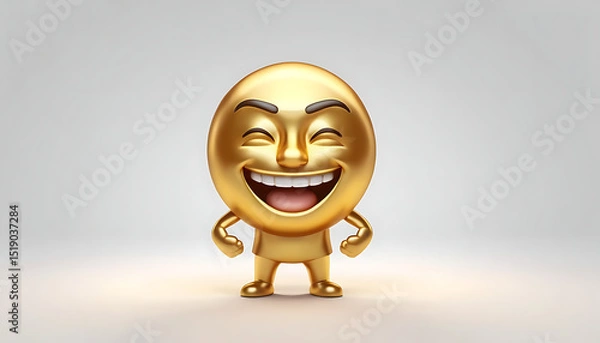 Obraz Glorious Golden 3D Rendered Emoji Character with a Victorious and Joyful Laughing Expression on a White Background