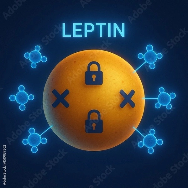 Fototapeta A stylized fat cell labeled "LEPTIN" is shown with molecule icons blocked by locks and X marks..Concept: Leptin resistance in fat metabolism.