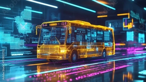 Obraz Futuristic bus with digital overlays