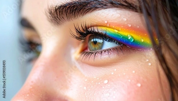 Obraz Close up of a Woman's Eye with Vibrant Rainbow Makeup and Water Drops