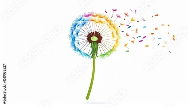 Obraz Vibrant Rainbow Dandelion Seeds Scattering on White Background A Colorful Spring Nature Image