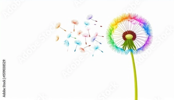 Obraz Rainbow Dandelion Seeds Floating Away on White Background Beautiful Nature Design
